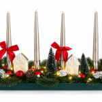 Weihnachtsgesteck mit Stabkerzen & Lichthäusern – Rot/gold 🎄✨